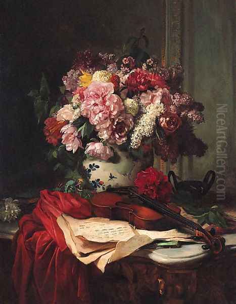 Roses, Peonies, Lilac and other Flowers in a ceramic Vase, behind a Violin and Music Score Oil Painting by Pierre Camille Gontier