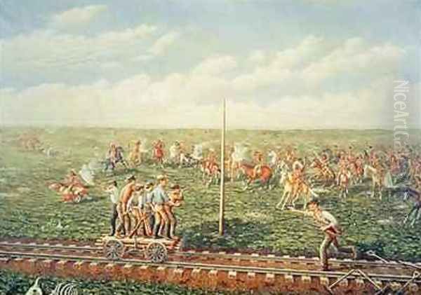 Cheyenne Indians attack workers on the Union Pacific Railroad near Fossil Creek in Kansas Oil Painting by Gogolin, Jacob