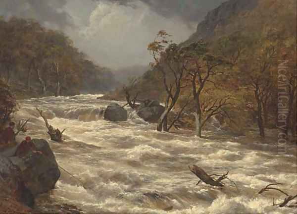 The Lludwy in full spate, North Wales Oil Painting by Edmund Gill