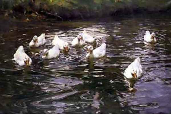 White Ducks on Water Oil Painting by Franz Grassel