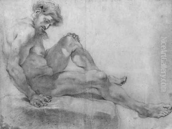 A bearded nude seated on a rock in profile to the right Oil Painting by Giovanni Battista (Baciccio) Gaulli