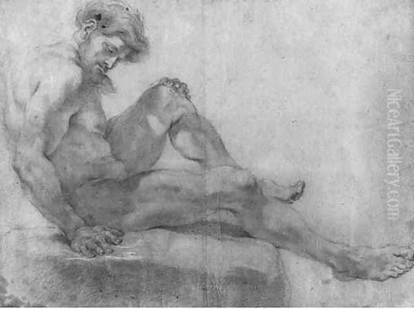 A Nude seated on a Rock Oil Painting by Giovanni Battista (Baciccio) Gaulli