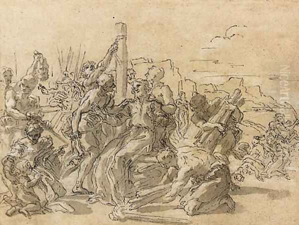 A Scene of Martyrdom with a Saint seated on a Pyre, and monks being decapitated in the background Oil Painting by Giovanni Battista (Baciccio) Gaulli