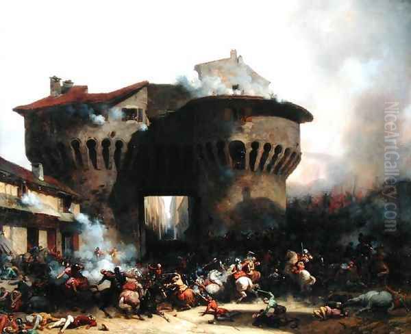 Combat at Porte Pannessac in 1562 Oil Painting by Julien-Michel Gue