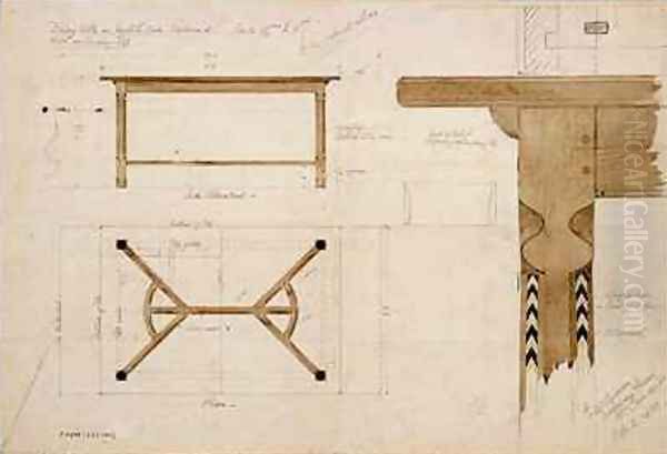 Design for a dining table in English oak darkened with a hayrake stretcher Oil Painting by Ernest William Gimson