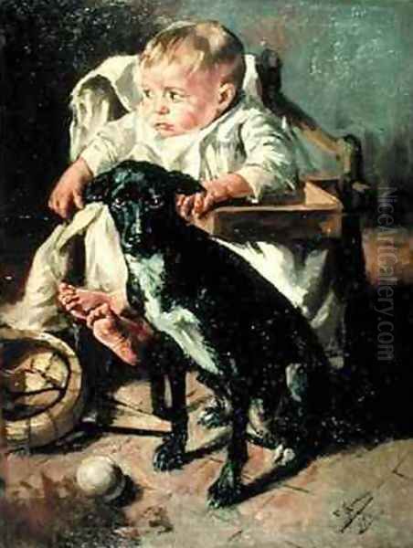 The Baby and its good companion Oil Painting by Francisco Gimeno y Arasa