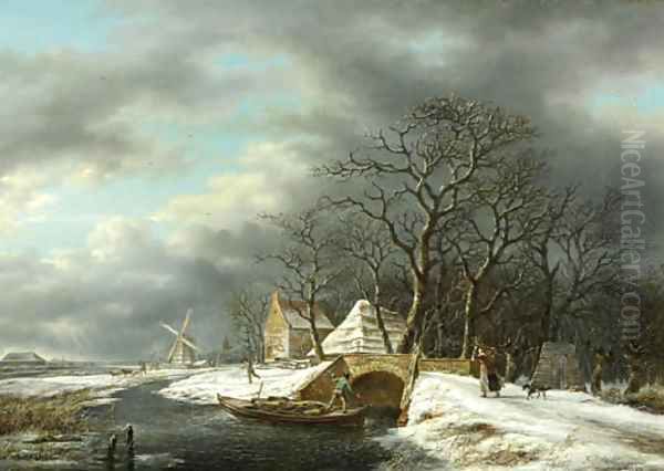 A winter landscape with a woodgatherer crossing a bridge and a peasant in a punter nearby Oil Painting by Gerrit Hendrik Gobell