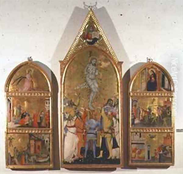 The Martyrdom of St Sebastian Altarpiece central panel showing the martyrdom and side panels showing other scenes from the life of the saint Oil Painting by Niccolo del Biondo Giovanni di