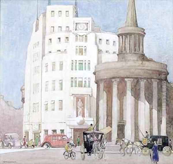 Past and Present Broadcasting House and All Souls Langham Place London Oil Painting by Edith Mary Garner