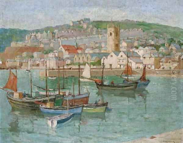 Fishing vessels moored in a Cornish harbour Oil Painting by Edith Mary Garner