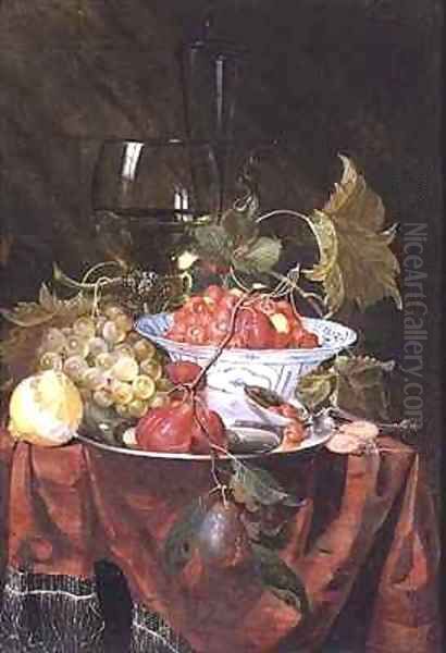 Still life with wild strawberries plums grapes and a lemon on a draped ledge Oil Painting by Nicolaes Van Gelder