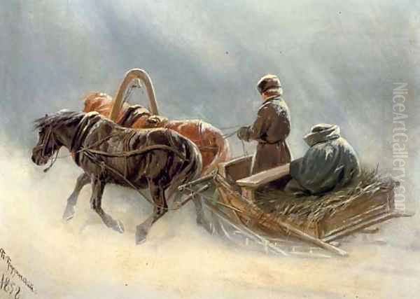 A sleigh ride through the snow Oil Painting by Petr Nicolaevich Gruzinsky