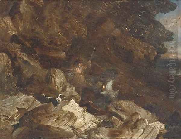 Figures on a rocky beach Oil Painting by James William Giles