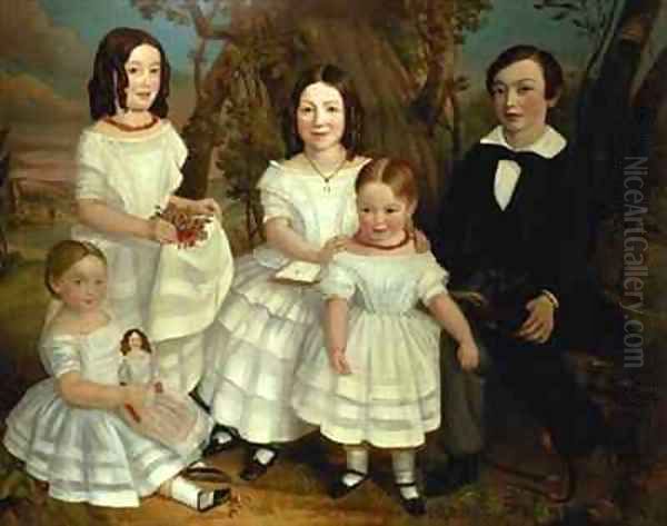 Portrait of a boy and his four sisters Oil Painting by John A. Giles