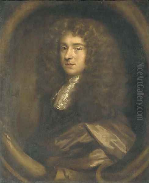 Portrait of a gentleman, bust-length, in a brown cloak, in a sculpted cartouche Oil Painting by John Greenhill