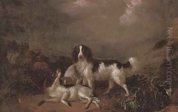 Spaniels playing in a landscape Oil Painting by Adriaen De Gryeff