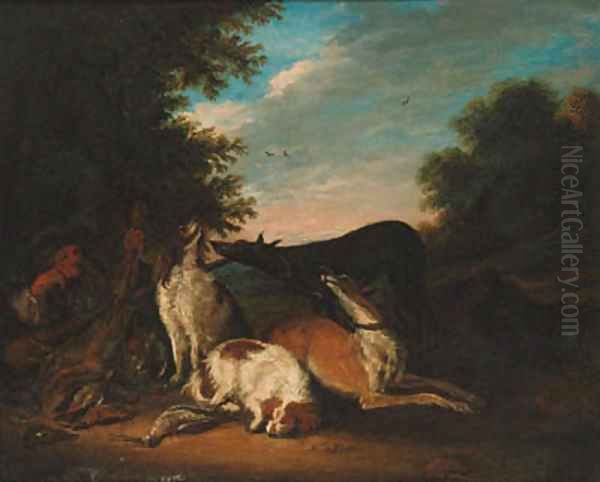 A huntsman and hounds with game resting in a landscape Oil Painting by Adriaen De Gryeff