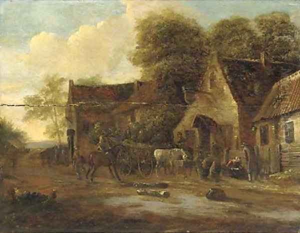 A village landscape with travellers and a wagon by an inn Oil Painting by Barent Gael