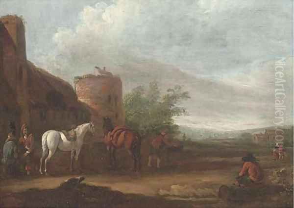 A landscape with travellers at halt in a village Oil Painting by Barent Gael