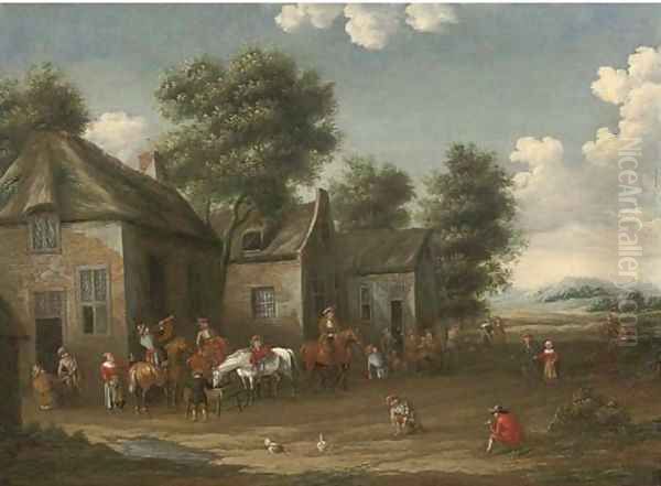 A wooded landscape with a hunting party setting out from an inn Oil Painting by Barent Gael