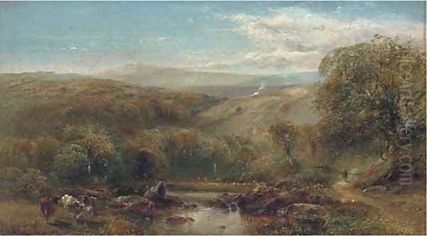 Cattle by a river in an extensive landscape Oil Painting by James B. Goodrich