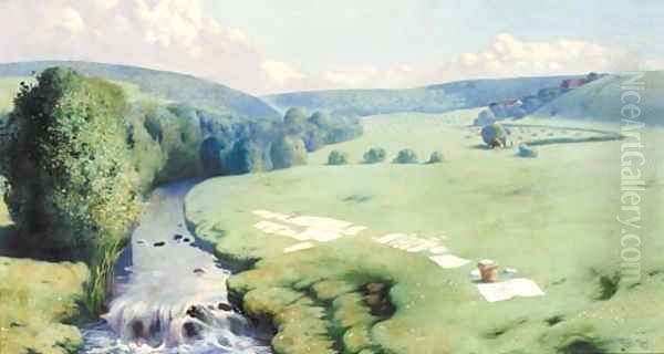 Sheep grazing on the banks of a river Oil Painting by John Glass