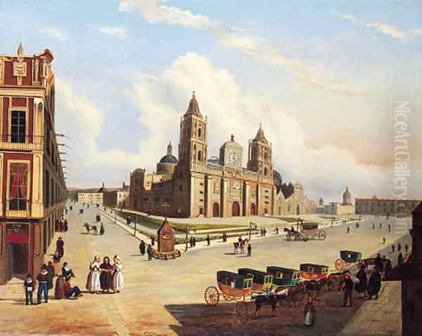 Vista de la Catedral y parte del Zocalo en Mexico Oil Painting by Pedro Gualdi