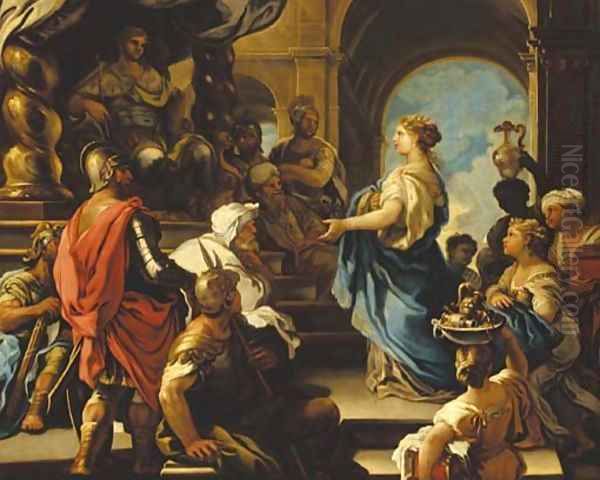 The Queen of Sheba offering gifts to King Solomon Oil Painting by Luca Giordano