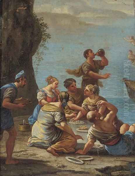 Figures on a shore eating pasta and drinking wine Oil Painting by Luca Giordano