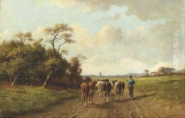 Leading the cattle to the pasture Oil Painting by Adriaan Marinus Geyp