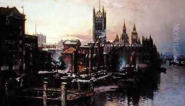 View of the Houses of Parliament from the River Thames London Oil Painting by Thomas Greenhalgh