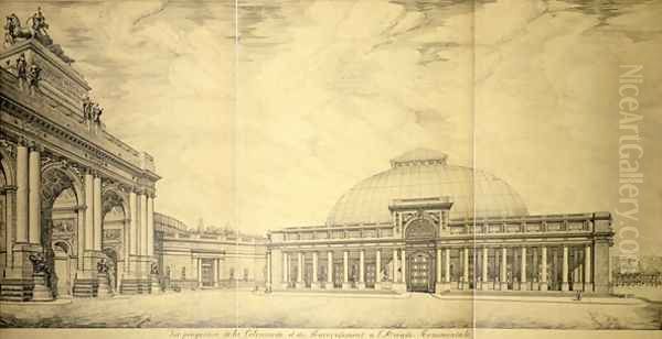 The Triumphal Arch and one of the semicircular colonnaded wings of the Palais du Cinquantenaire Oil Painting by Charles Louis Girault