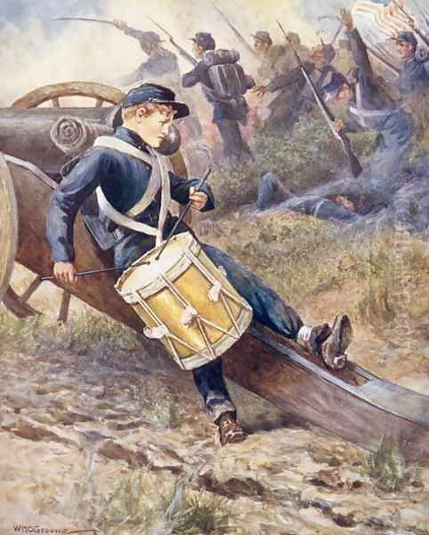 He crawled behind a cannon and pale and paler grew illustration from Ballads of Famous Fights Oil Painting by William Henry Charles Groome