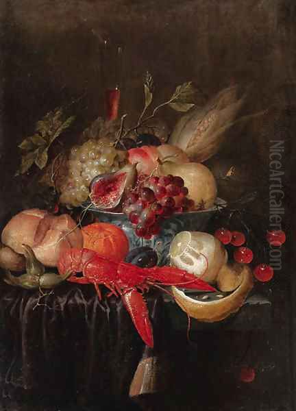 Fruit and a corn cob grapes, pears, peaches, cherries, a corn cob and a figin a blue and white porcelain bowl, a flute of red wine Oil Painting by Jan Pauwel II the Younger Gillemans