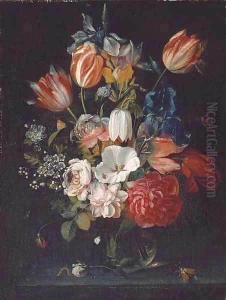 Roses, tulips, irises and other flowers in a glass vase with a rose, a caterpillar and two insects, on a stone ledge Oil Painting by Jan Pauwel II the Younger Gillemans