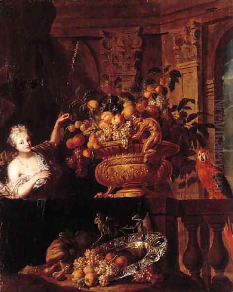 A silver-gilt bowl, grapes, peaches, oranges, figs and a basket of fruit with a monkey and a squirrel on a ledge, with a lady before a portico Oil Painting by Jan Pauwel II the Younger Gillemans