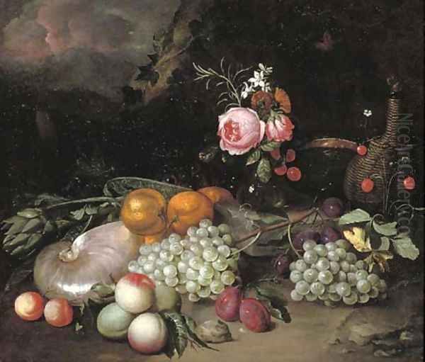 A nautilus shell, an artichoke, oranges, peaches, grapes, a vase with flowers, plums and a bottle in a landscape Oil Painting by Jan Pauwel II the Younger Gillemans