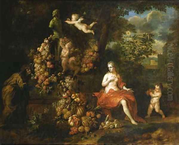 Vertumnus and Pomona, putti decorating a statue of Pan with a swag of fruit, in a landscape Oil Painting by Jan Pauwel II the Younger Gillemans