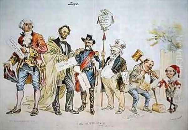 Cartoon depicting The Sliding Scale in political status in the USA featured in Judge Oil Painting by Victor Gillam