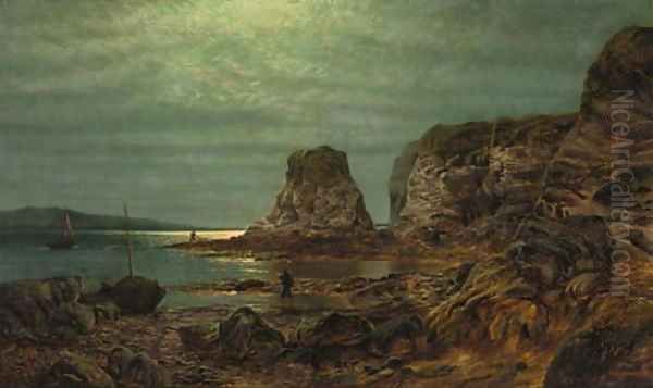 Fishermen in a moonlit coastal landscape Oil Painting by Alfred Augustus Glendening