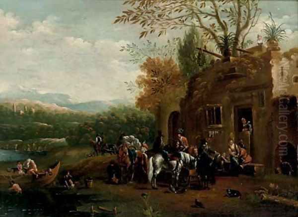 A river landscape with a hawking party at rest outside a tavern Oil Painting by Barend Gael or Gaal