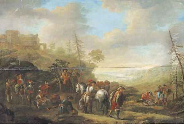 A military encampment with a hilltop fort beyond Oil Painting by Barend Gael or Gaal