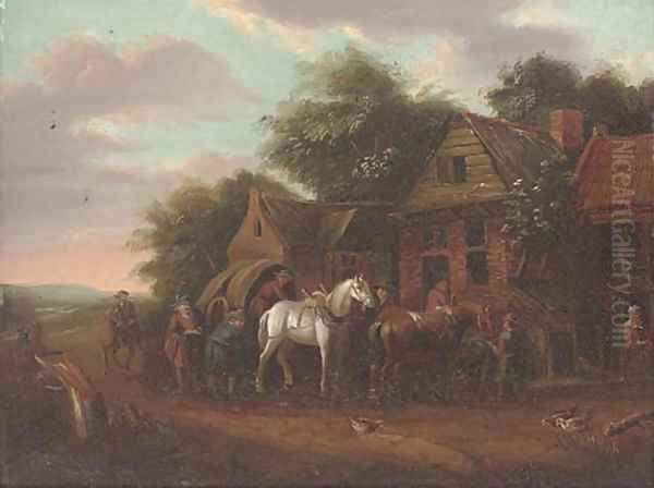 A wooded landscape with travellers at rest by a cottage Oil Painting by Barend Gael or Gaal