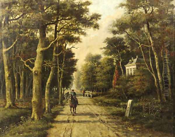 A horseman riding on a country lane Oil Painting by Adriaan Marinus Geijp