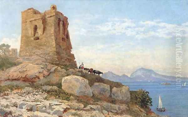 Cattle grazing before a ruined tower on the coast at Sorrento Oil Painting by Arthur Glennie