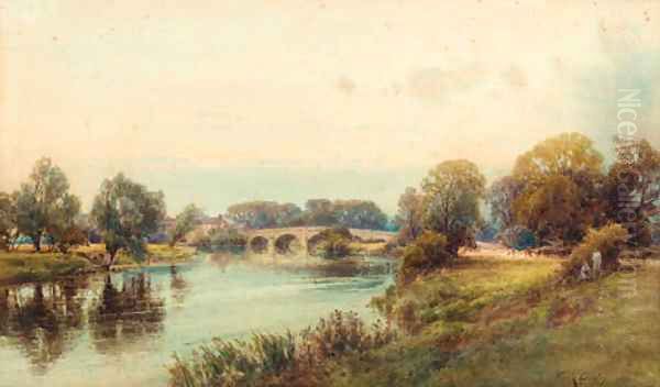 Figures seated on a river bank before a village Oil Painting by Frank Gresley