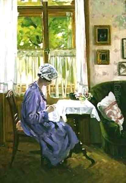 Lady Sewing by a Window Oil Painting by George Gerlach