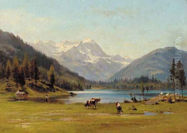 A herdsman and his livestock by an Alpine lake Oil Painting by Johann Joseph Geisser