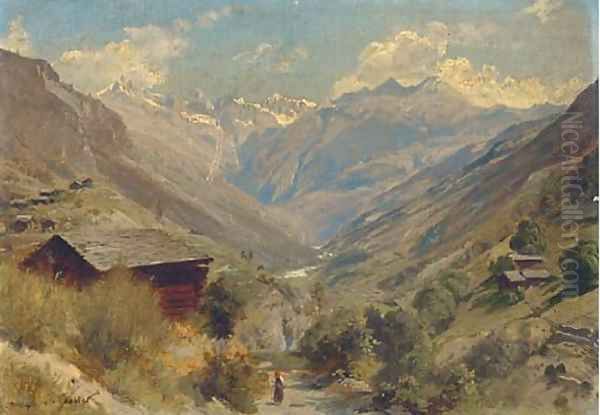 Figure in an Alpine landscape Oil Painting by Johann Joseph Geisser