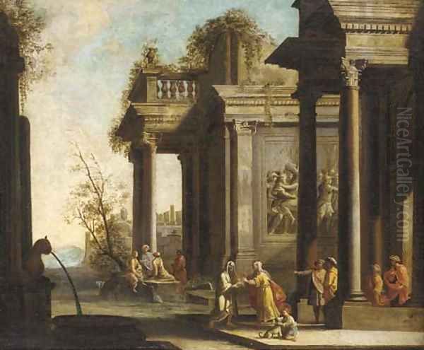 A capriccio of architectural ruins with classical figures Oil Painting by Giovanni Ghisolfi